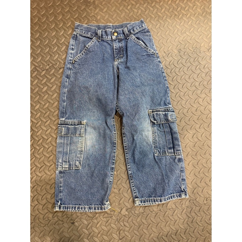 Wrangler Kids Medium Wash Cargo Denim Jeans Blue Multi Pocket 24x20 Y2K